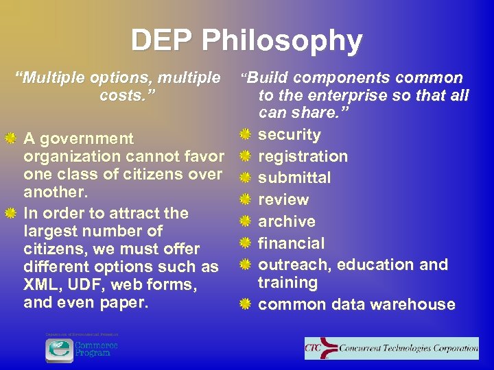 DEP Philosophy “Multiple options, multiple costs. ” A government organization cannot favor one class