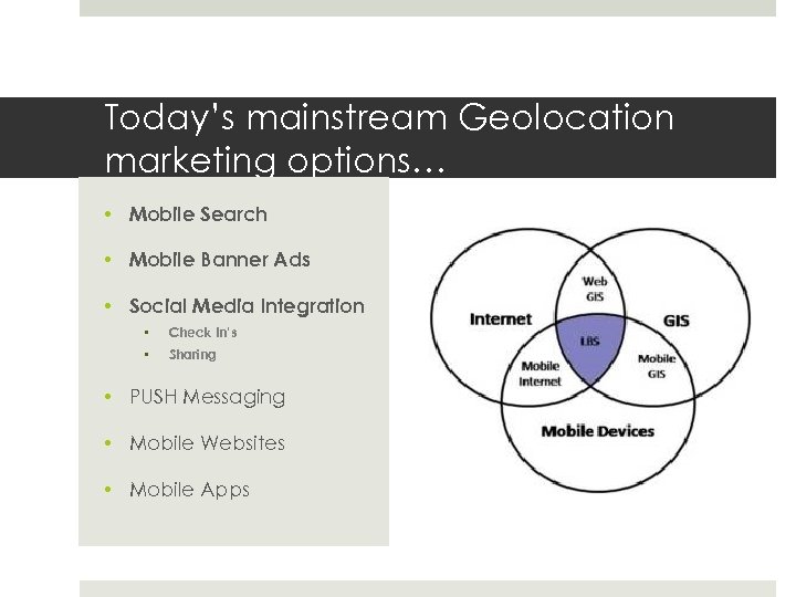 Today’s mainstream Geolocation marketing options… • Mobile Search • Mobile Banner Ads • Social