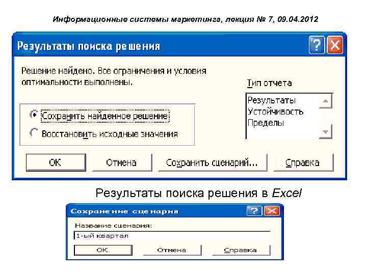 Информационные системы маркетинга, лекция № 7, 09. 04. 2012 Результаты поиска решения в Excel