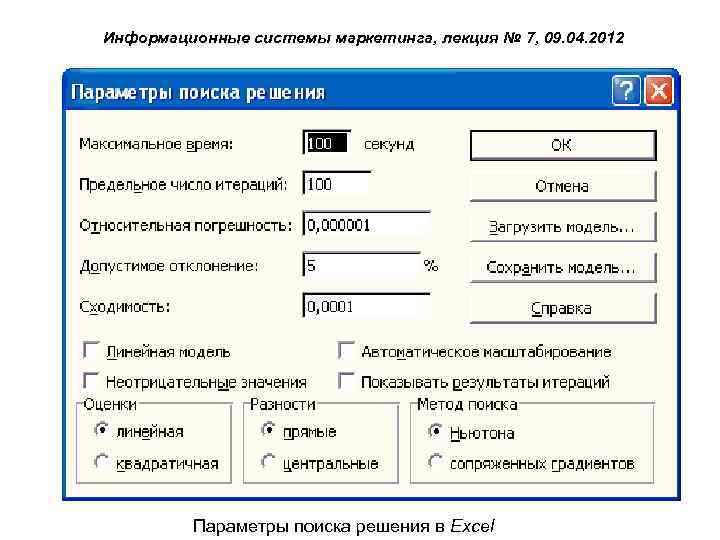 Информационные системы маркетинга, лекция № 7, 09. 04. 2012 Параметры поиска решения в Excel