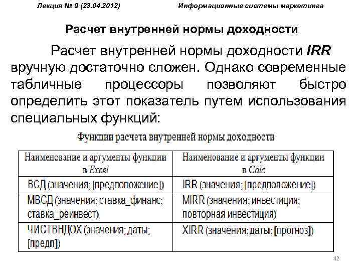 Лекция № 9 (23. 04. 2012) Информационные системы маркетинга Расчет внутренней нормы доходности IRR