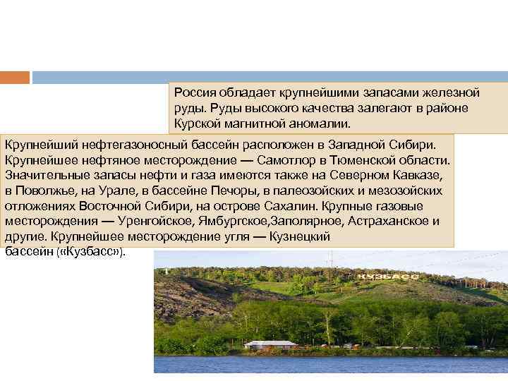 Россия обладает крупнейшими запасами железной руды. Руды высокого качества залегают в районе Курской магнитной