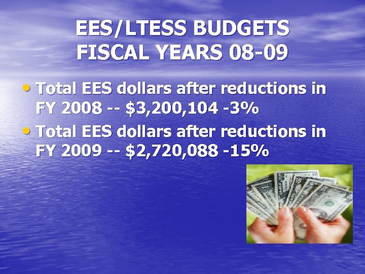EES/LTESS BUDGETS FISCAL YEARS 08 -09 • Total EES dollars after reductions in FY
