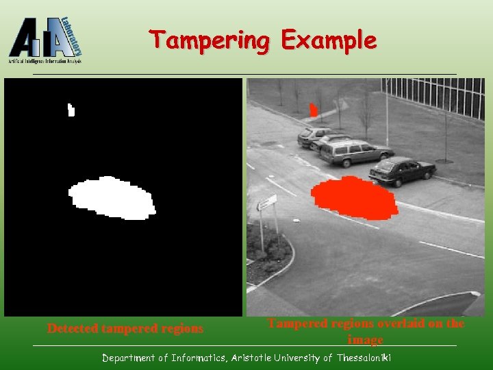 Tampering Example Detected tampered regions Tampered regions overlaid on the image Department of Informatics,