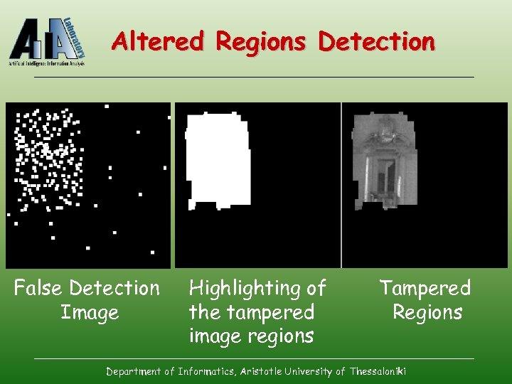 Altered Regions Detection False Detection Image Highlighting of the tampered image regions Tampered Regions
