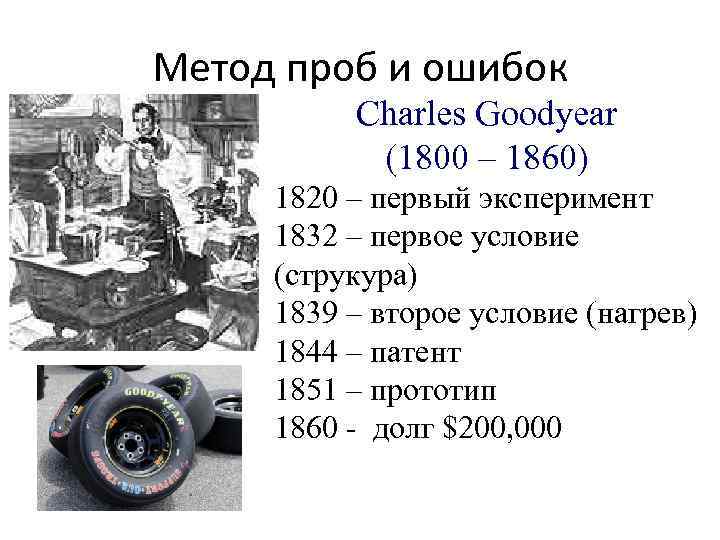 Метод проб и ошибок Charles Goodyear (1800 – 1860) 1820 – первый эксперимент 1832