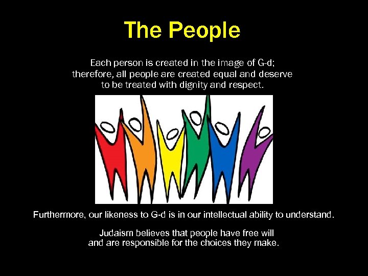 The People Each person is created in the image of G-d; therefore, all people