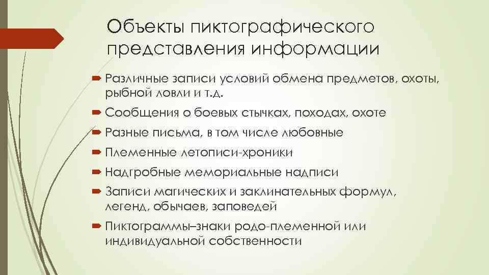 Объекты пиктографического представления информации Различные записи условий обмена предметов, охоты, рыбной ловли и т.