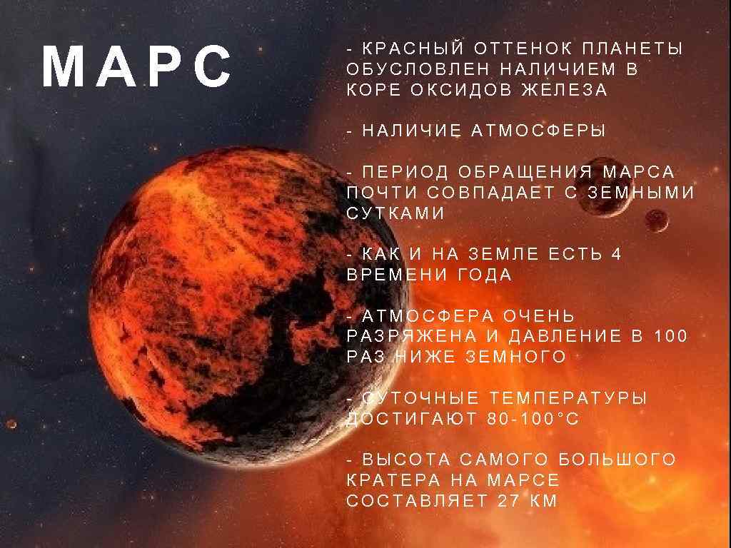 МАРС - КРАСНЫЙ ОТТЕНОК ПЛАНЕТЫ ОБУСЛОВЛЕН НАЛИЧИЕМ В КОРЕ ОКСИДОВ ЖЕЛЕЗА - НАЛИЧИЕ АТМОСФЕРЫ