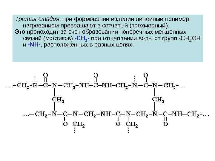 Третья стадия: при формовании изделий линейный полимер нагреванием превращают в сетчатый (трехмерный). Это происходит