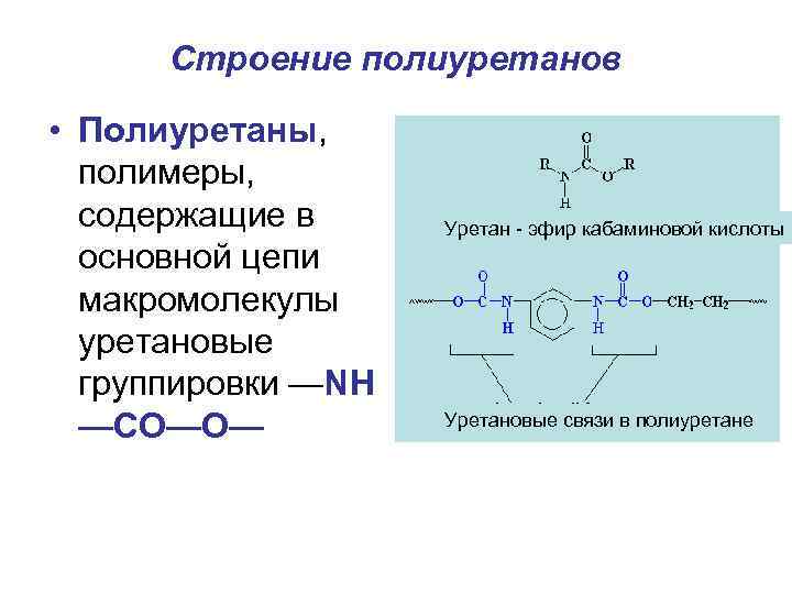 Строение полиуретанов • Полиуретаны, полимеры, содержащие в основной цепи макромолекулы уретановые группировки —NH —CO—O—