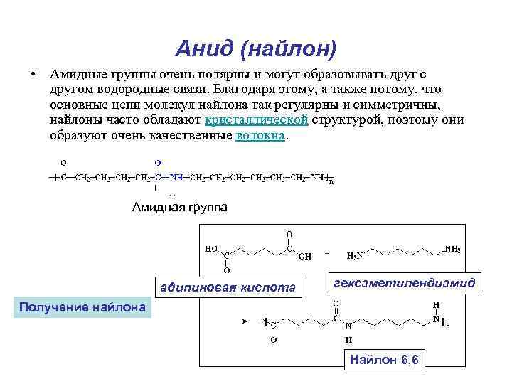 Анид (найлон) • Амидные группы очень полярны и могут образовывать друг с другом водородные
