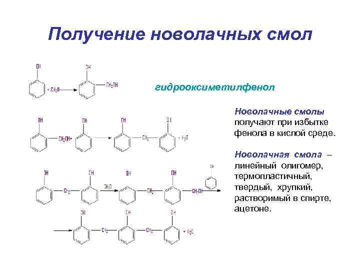 Получение новолачных смол гидрооксиметилфенол Новолачные смолы получают при избытке фенола в кислой среде. Новолачная