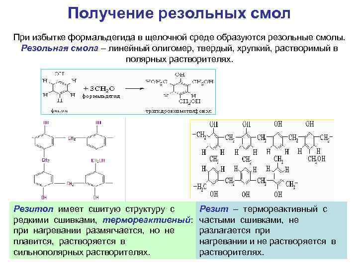 Получение резольных смол При избытке формальдегида в щелочной среде образуются резольные смолы. Резольная смола