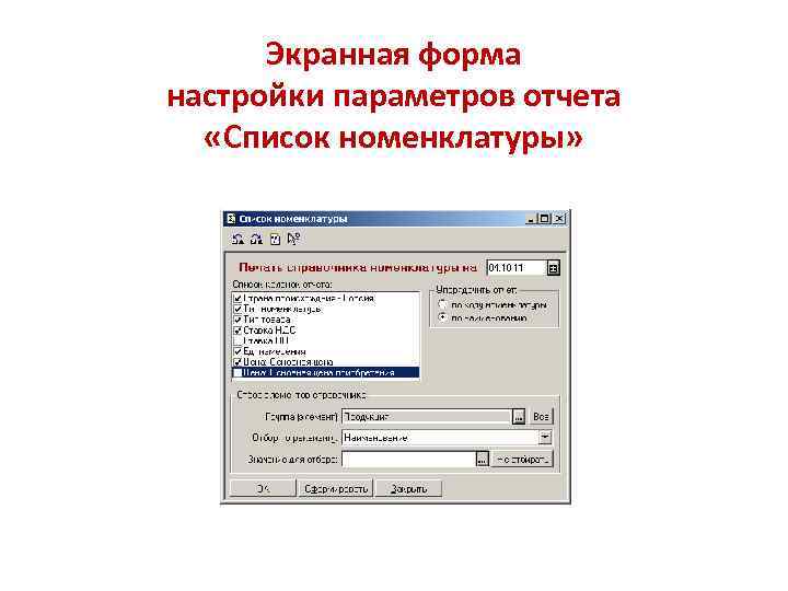 Экранная форма настройки параметров отчета «Список номенклатуры» 