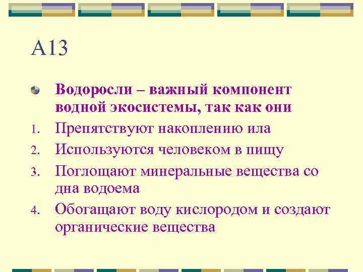 А 13 1. 2. 3. 4. Водоросли – важный компонент водной экосистемы, так как