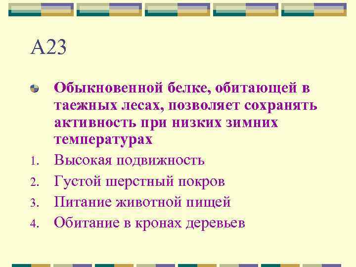 А 23 1. 2. 3. 4. Обыкновенной белке, обитающей в таежных лесах, позволяет сохранять