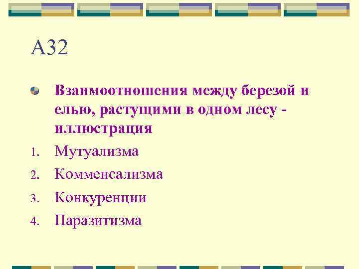 А 32 1. 2. 3. 4. Взаимоотношения между березой и елью, растущими в одном