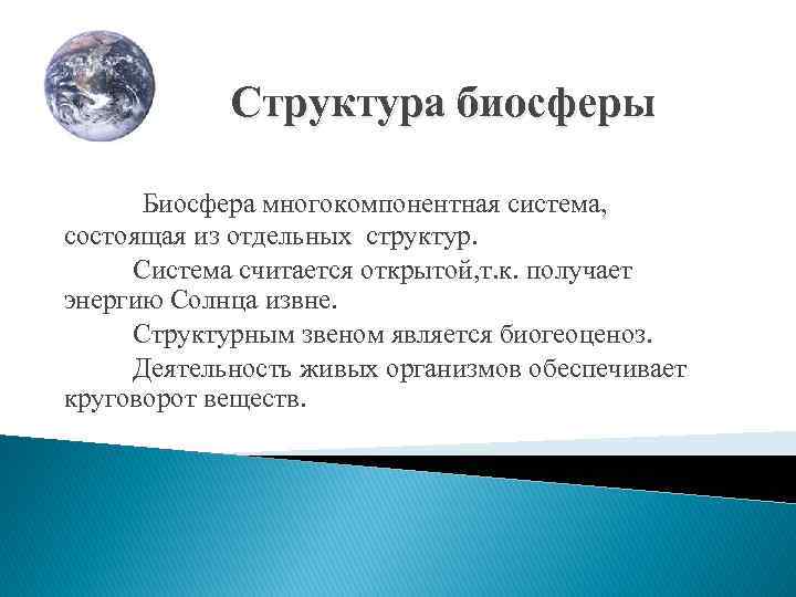 Структура биосферы Биосфера многокомпонентная система, состоящая из отдельных структур. Система считается открытой, т. к.