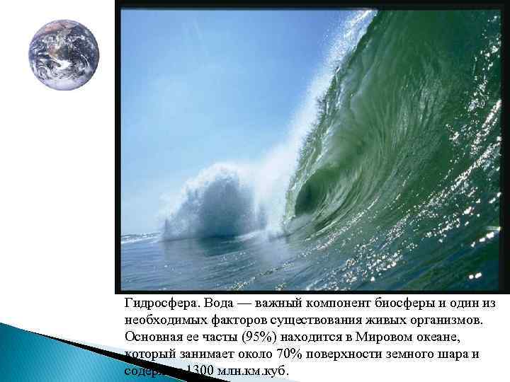 Гидросфера. Вода — важный компонент биосферы и один из необходимых факторов существования живых организмов.