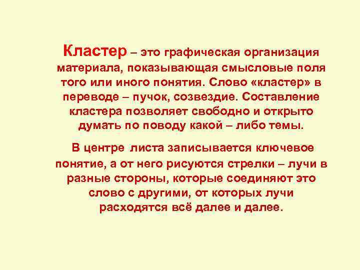 Кластер – это графическая организация материала, показывающая смысловые поля того или иного понятия. Слово