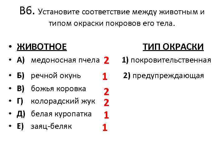 В 6. Установите соответствие между животным и типом окраски покровов его тела. • ЖИВОТНОЕ