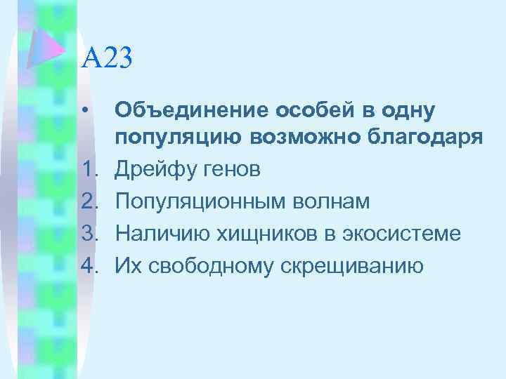 А 23 • 1. 2. 3. 4. Объединение особей в одну популяцию возможно благодаря