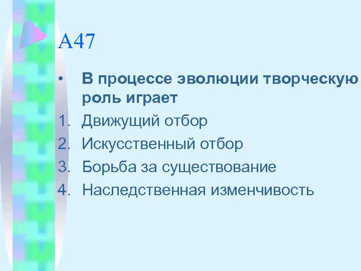 А 47 • 1. 2. 3. 4. В процессе эволюции творческую роль играет Движущий