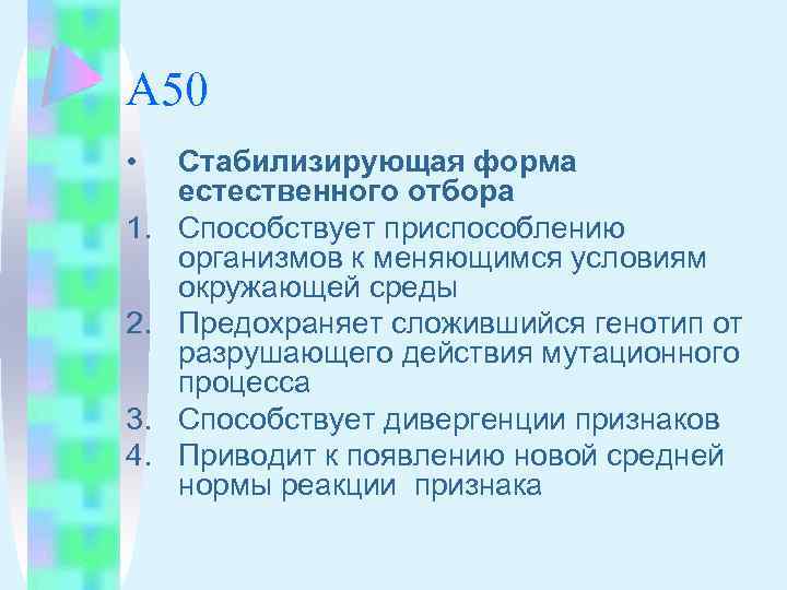 А 50 • 1. 2. 3. 4. Стабилизирующая форма естественного отбора Способствует приспособлению организмов