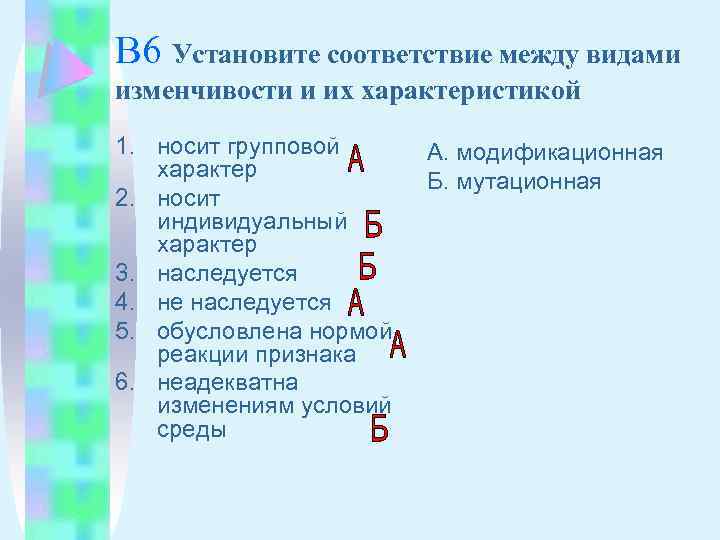 Соответствие признак реакция. Какой Тип изменчивости носит индивидуальный характер. Установите соответствие между характеристикой и видом изменчивости. Изменчивость носит групповой характер. Между видами изменчивости и их характеристикой носит групповой.