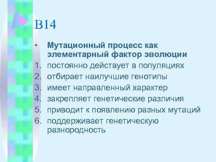 В 14 • 1. 2. 3. 4. 5. 6. Мутационный процесс как элементарный фактор