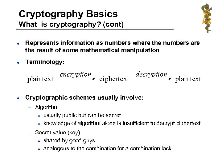 Cryptography Basics What is cryptography? (cont) l l Represents information as numbers where the