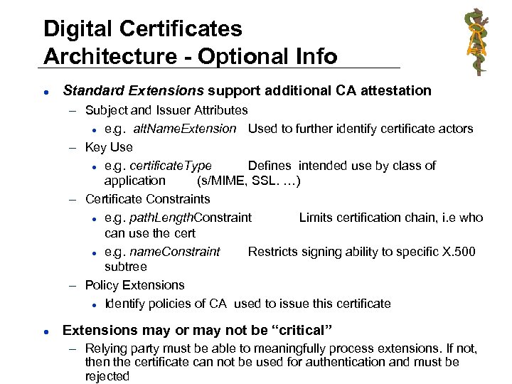 Digital Certificates Architecture - Optional Info l Standard Extensions support additional CA attestation –