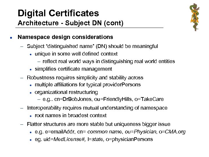 Digital Certificates Architecture - Subject DN (cont) l Namespace design considerations – Subject “distinguished