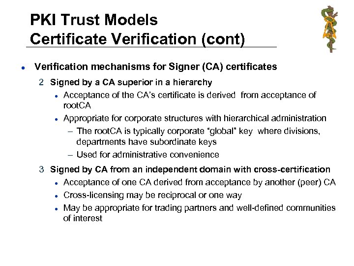 PKI Trust Models Certificate Verification (cont) l Verification mechanisms for Signer (CA) certificates 2