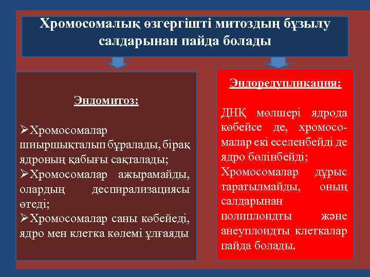 Хромосомалық өзгергішті митоздың бұзылу салдарынан пайда болады Эндоредупликация: Эндомитоз: ØХромосомалар шиыршықталып бұралады, бірақ ядроның