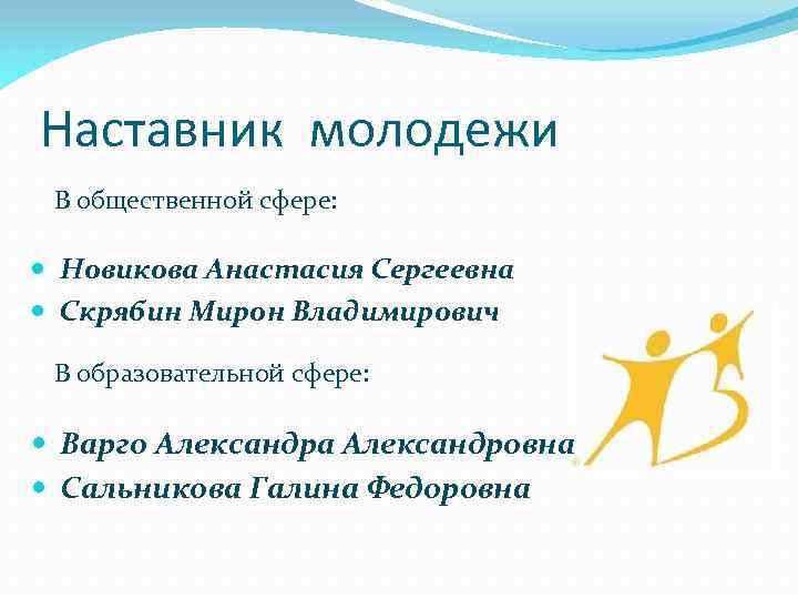 Наставник молодежи В общественной сфере: Новикова Анастасия Сергеевна Скрябин Мирон Владимирович В образовательной сфере: