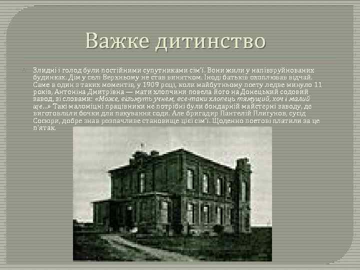 Важке дитинство Злидні і голод були постійними супутниками сім'ї. Вони жили у напівзруйнованих будинках.