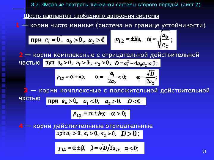8. 2. Фазовые портреты линейной системы второго порядка (лист 2) Шесть вариантов свободного движения