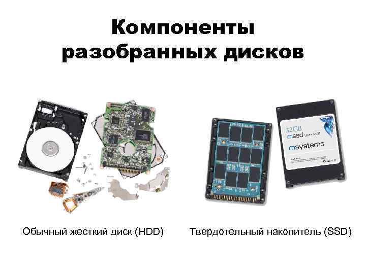 Компоненты разобранных дисков Обычный жесткий диск (HDD) Твердотельный накопитель (SSD) 