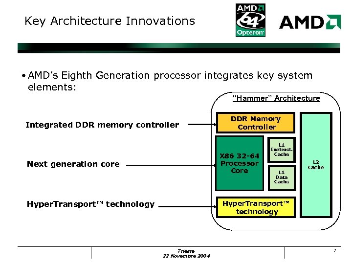 Key Architecture Innovations • AMD’s Eighth Generation processor integrates key system elements: “Hammer” Architecture