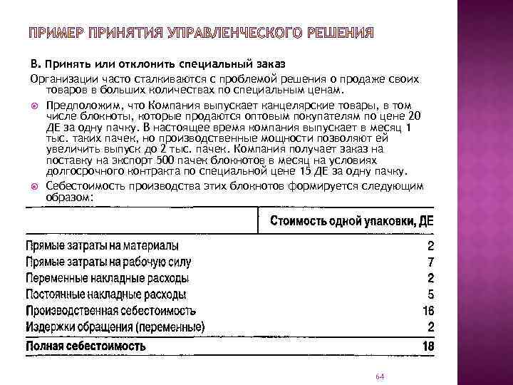 В. Принять или отклонить специальный заказ Организации часто сталкиваются с проблемой решения о продаже