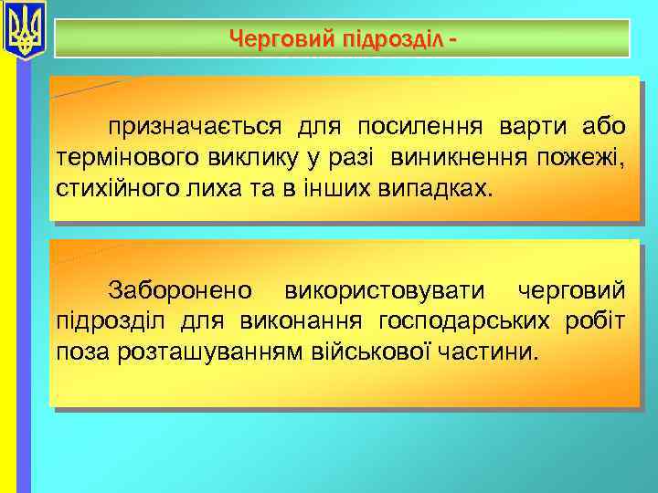 Черговий підрозділ призначається для посилення варти або термінового виклику у разі виникнення пожежі, стихійного