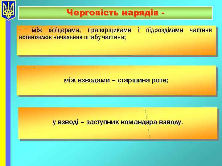 Черговість нарядів між офіцерами, прапорщиками і підрозділами частини встановлює начальник штабу частини; між взводами