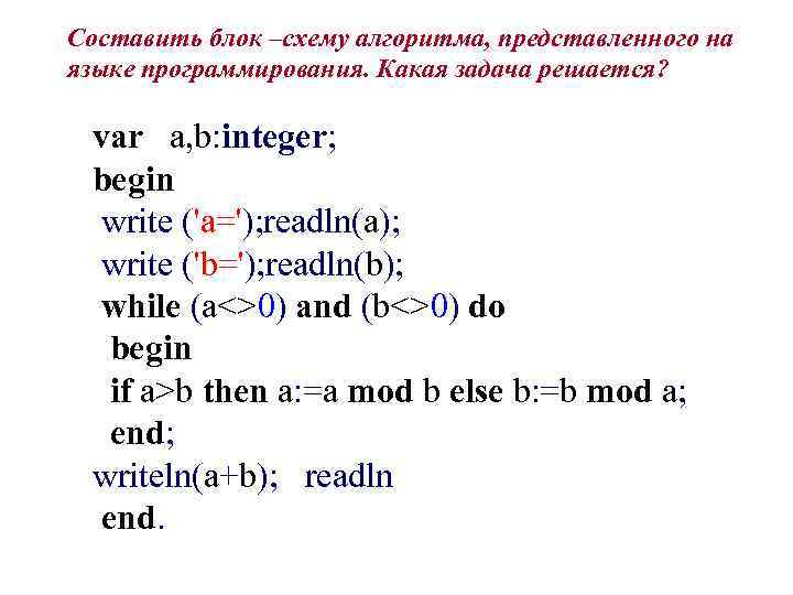 Составить блок –схему алгоритма, представленного на языке программирования. Какая задача решается? var a, b: