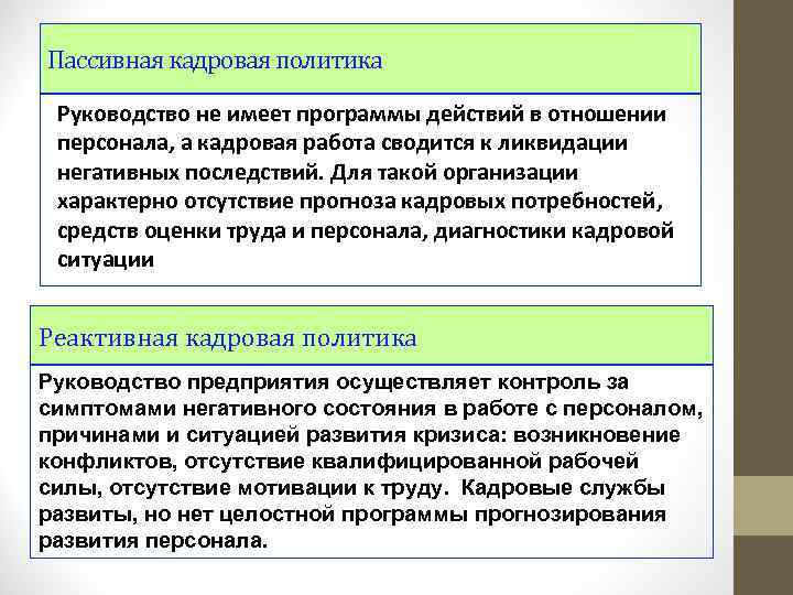 Пассивная кадровая политика Руководство не имеет программы действий в отношении персонала, а кадровая работа