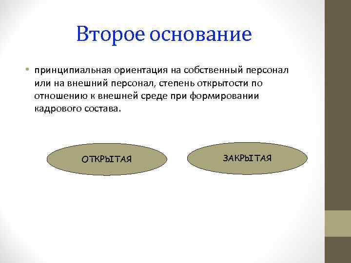 Второе основание • принципиальная ориентация на собственный персонал или на внешний персонал, степень открытости