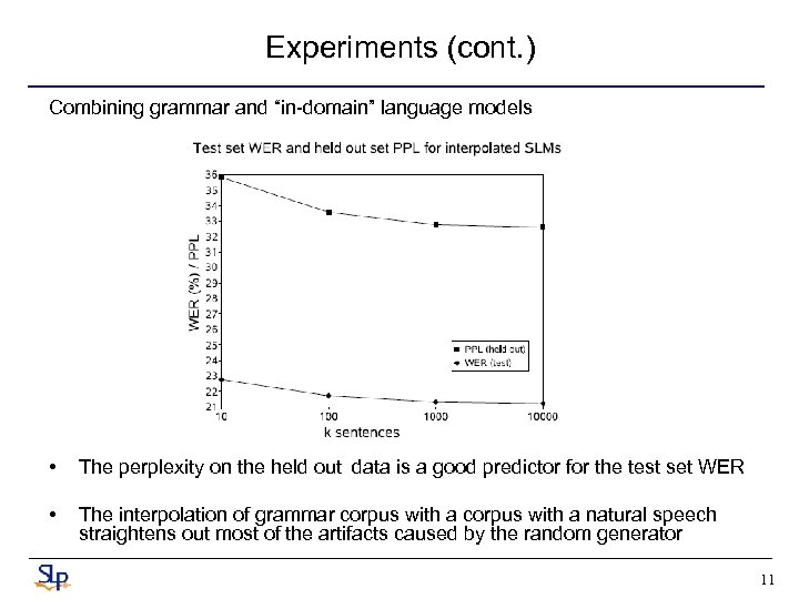 Experiments (cont. ) Combining grammar and “in-domain” language models • The perplexity on the