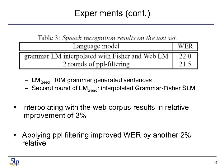 Experiments (cont. ) – LMSeed: 10 M grammar generated sentences – Second round of