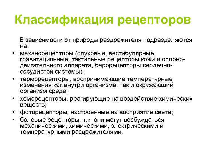 Классификация рецепторов • • • В зависимости от природы раздражителя подразделяются на: механорецепторы (слуховые,